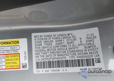 2023 Honda Civic Sport from USA, damaged, VIN 2HGFE2F54PH523376